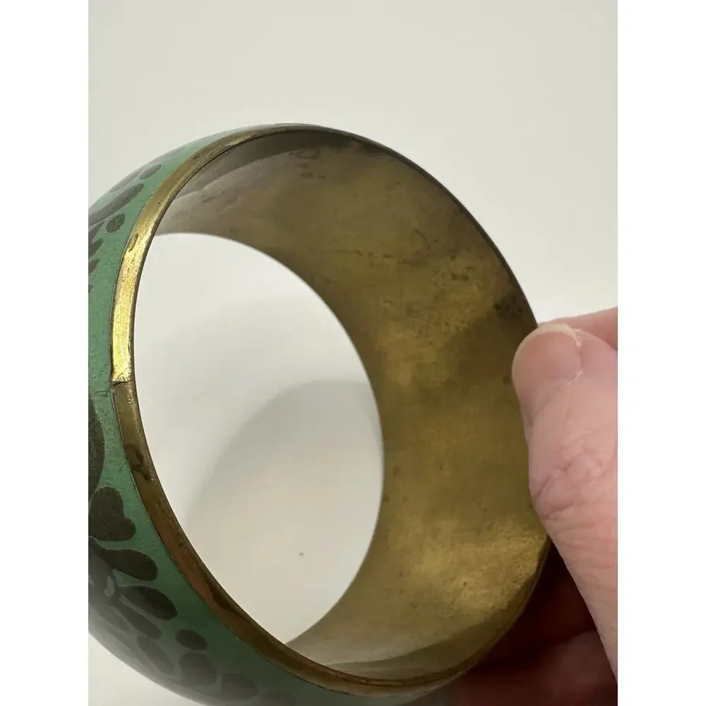 Vintage Floral Green Enamel Brass Bangle Bracelet Size 8